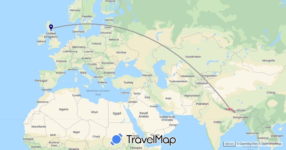 TravelMap itinerary: driving, plane, hiking in United Kingdom, Nepal (Asia, Europe)